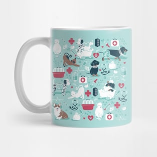 Veterinary medicine, happy and healthy friends // aqua background red details navy blue white and brown cats dogs and other animals Mug